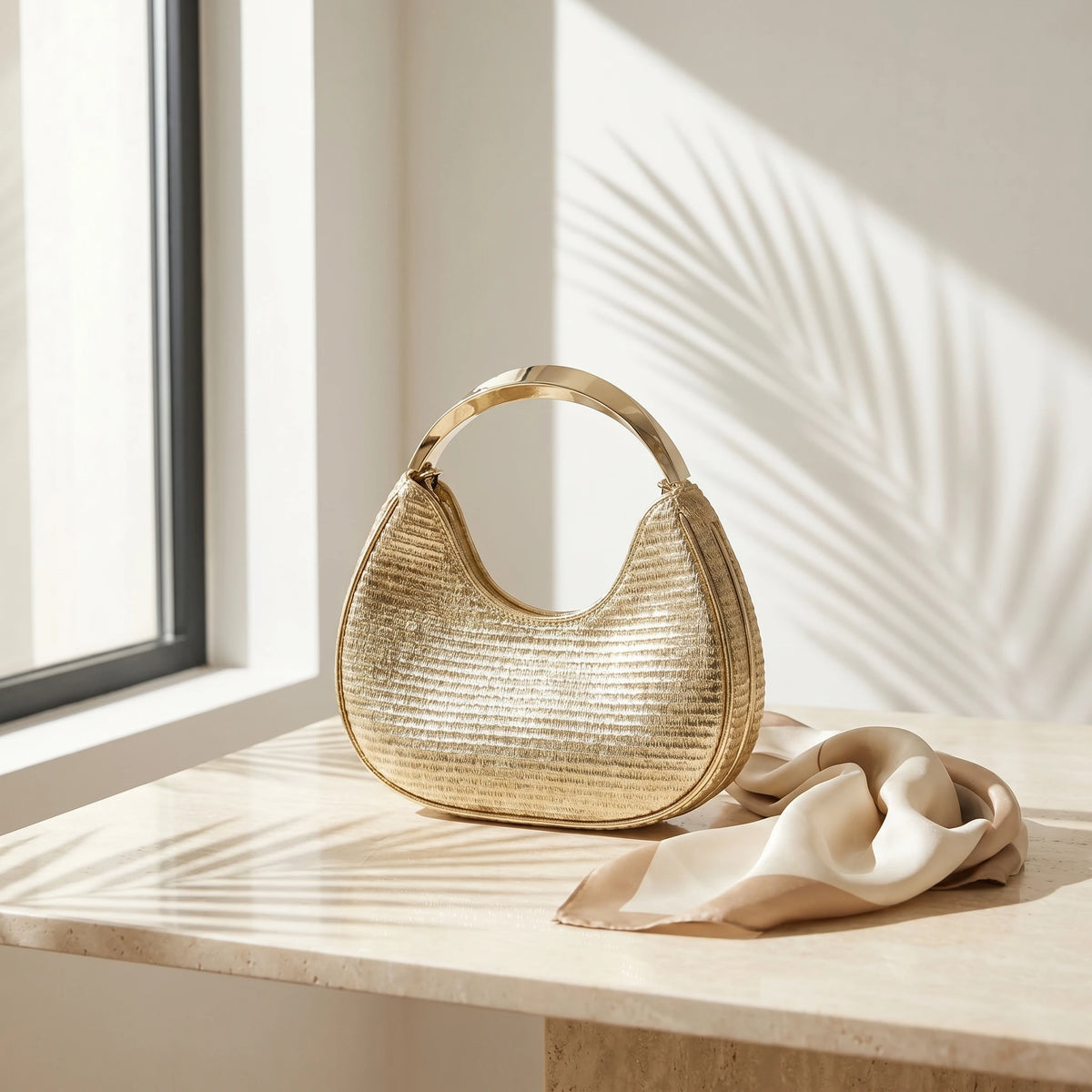Women's Shiny Gold Hobo Bag Metal Handle Evening Clutch Detachable Chain Crossbody Bag Fashion Textured Mini Handbag for Party