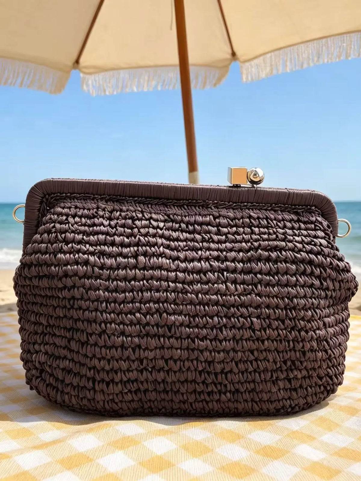 Handwoven Straw Clutch Bag with Dual‑Color Kiss‑Lock Closure & Detachable Chain, Versatile Shoulder/Crossbody Bag for Summer