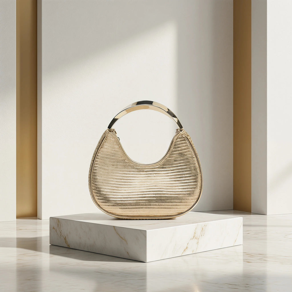 Women's Shiny Gold Hobo Bag Metal Handle Evening Clutch Detachable Chain Crossbody Bag Fashion Textured Mini Handbag for Party